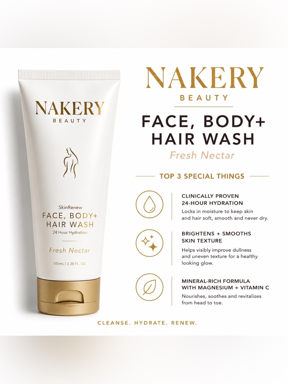 Nakery Beauty SkinRenew Face, Body + Hair Wash Fresh Nectar 3.38 oz New